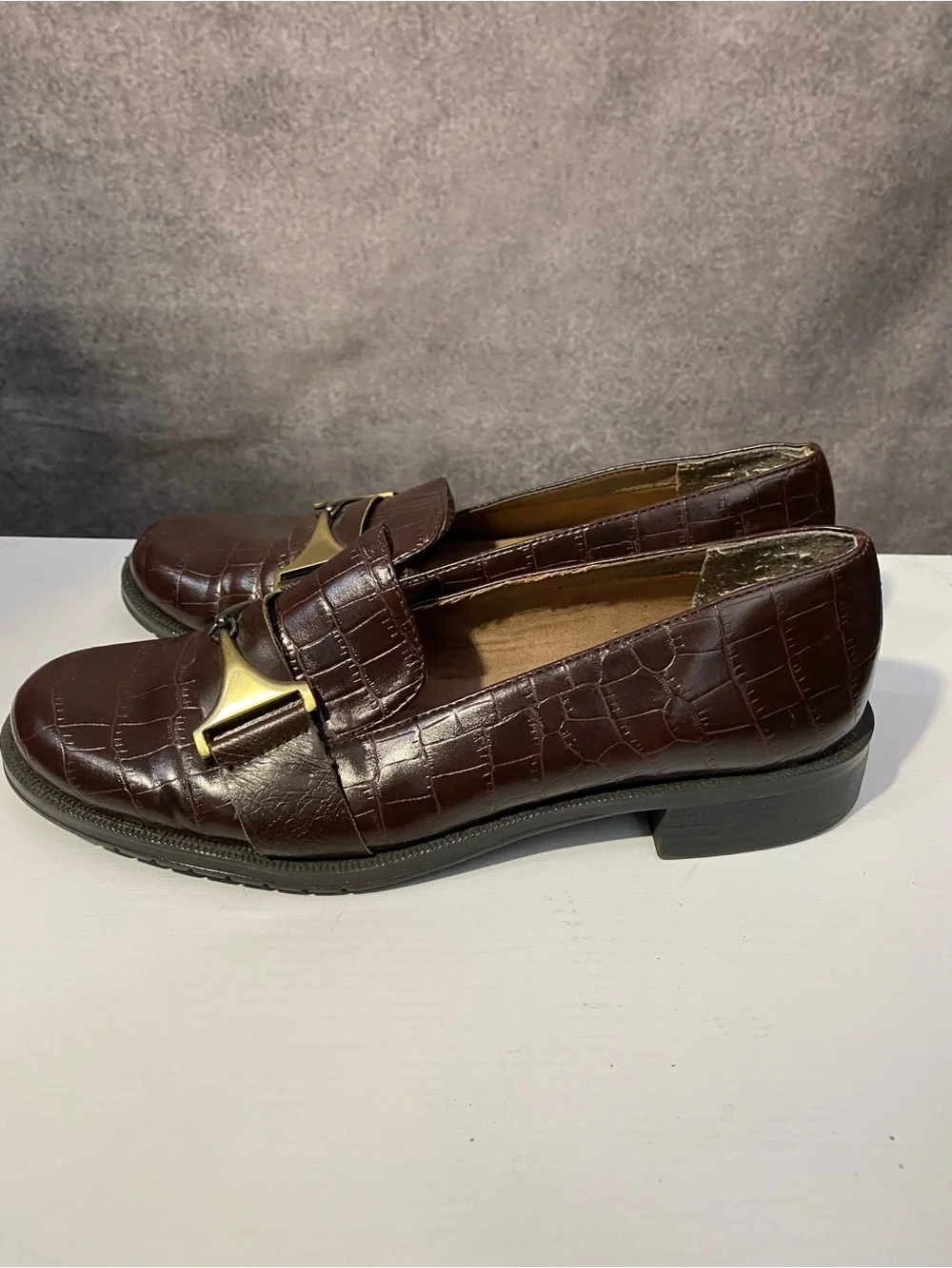 A2 by Aerosoles Dark Brown Croc Embossed Horsebit Loafers
